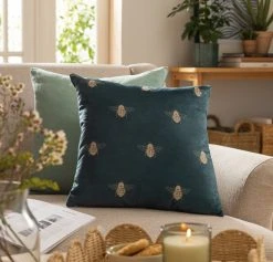 Habitat Gold Bee Printed Cushion - Teal - 43x43cm -Habitat shop 2072610 R Z001C