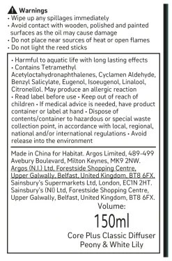 Habitat 150ml Scented Diffuser - Peony & White Lily -Habitat shop 4845096 R Z011A